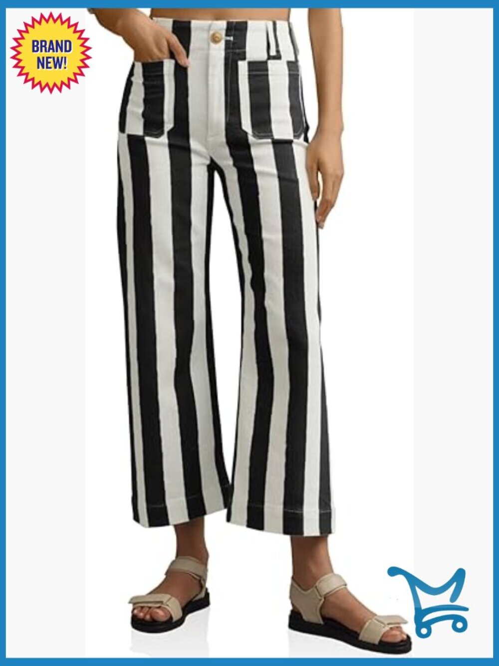High Waisted Cropped Striped Jeans Stretchy Straight Leg Denim